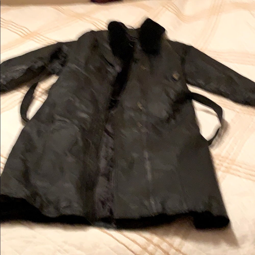 Long leather coat with removable fur collar/lining